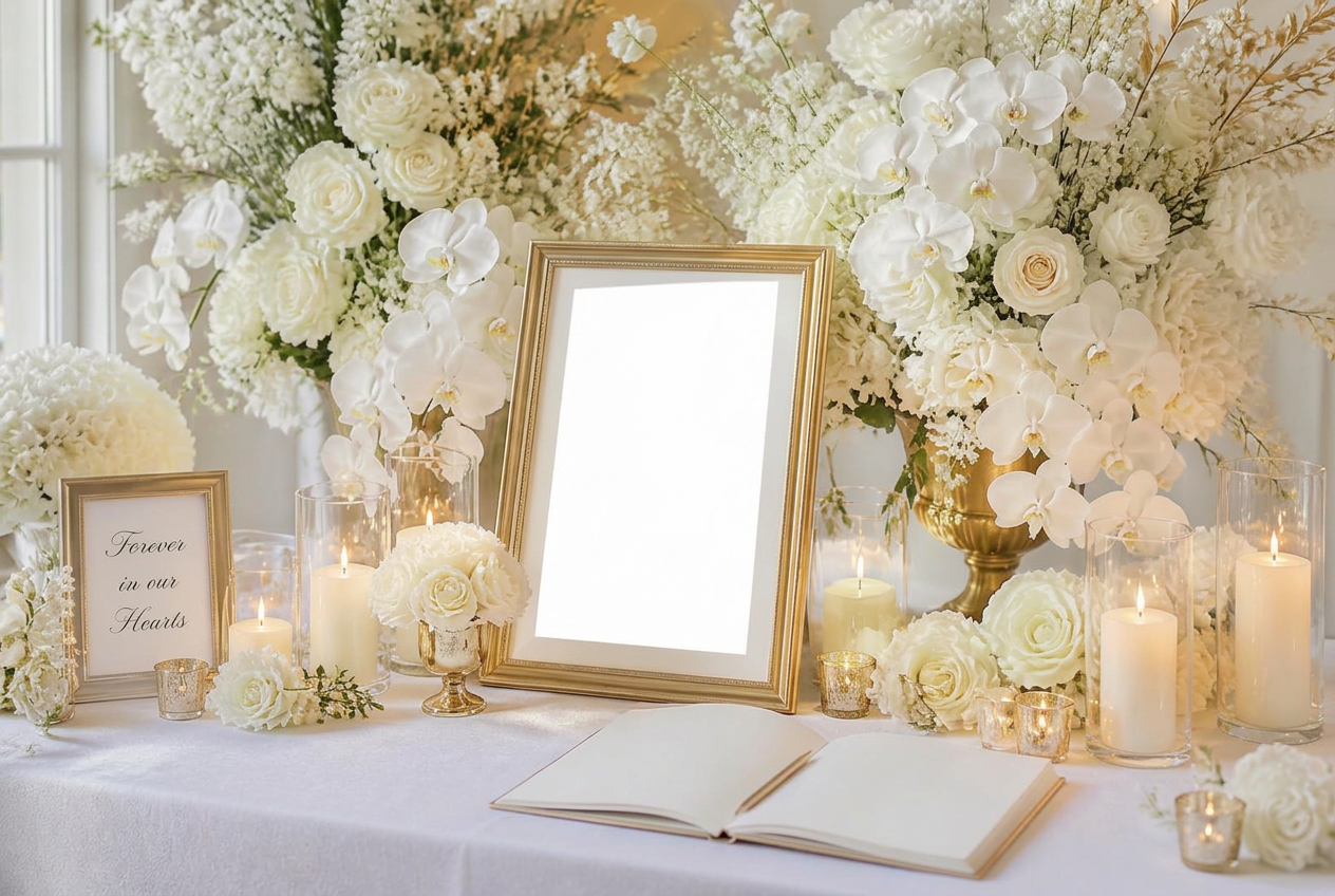 Elegant white and gold Celebration of Life memorial floral styling