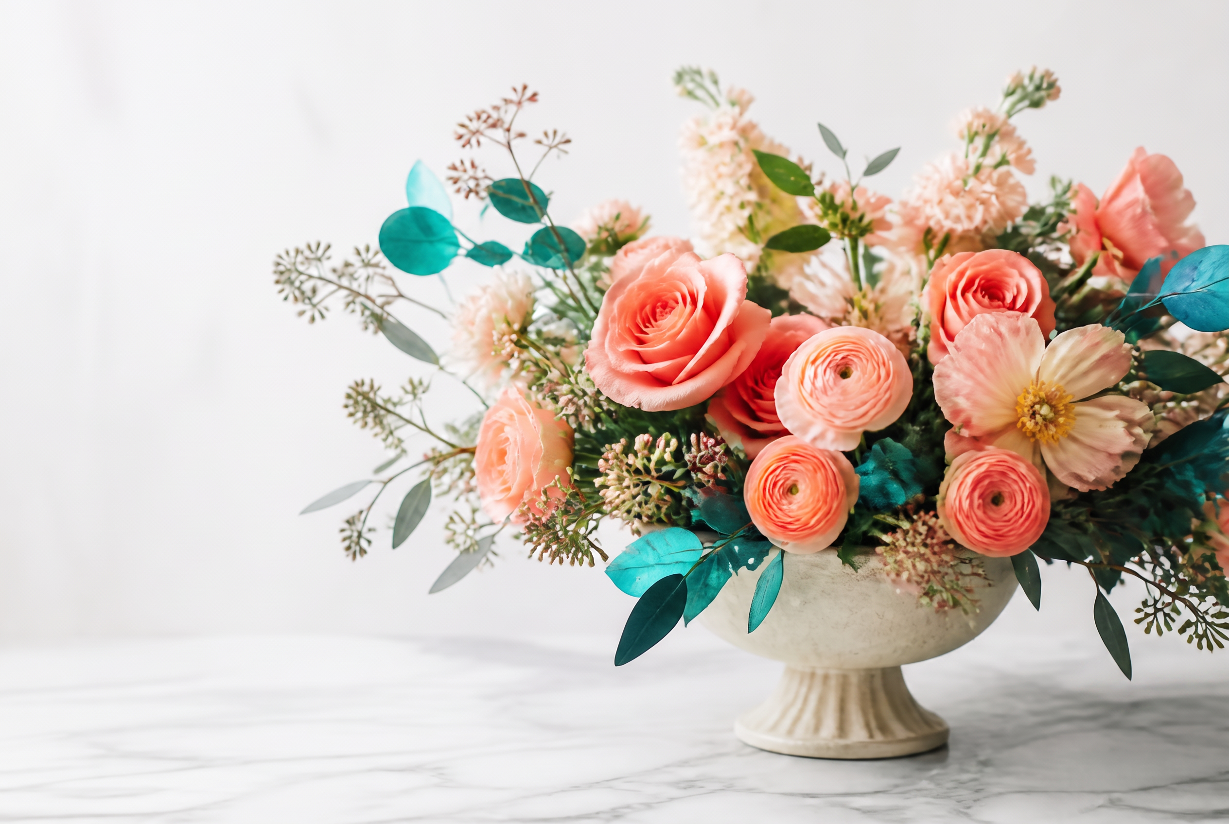 Luxury coral and peach floral arrangement in a cream compote vase